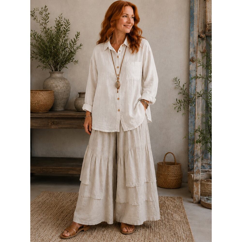 FLAX Jeanne Engelhart Cream Linen Button Up Shirt Womens Med Oversized Lagenlook